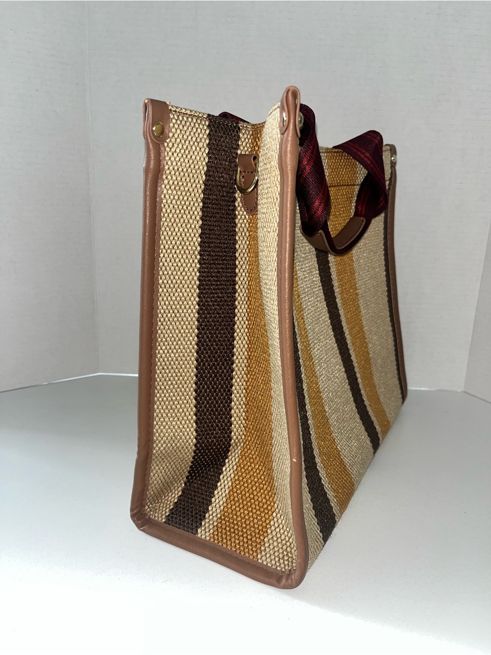 🤎 Woven Stripe Tote Bag in Tan, Brown & Mustard